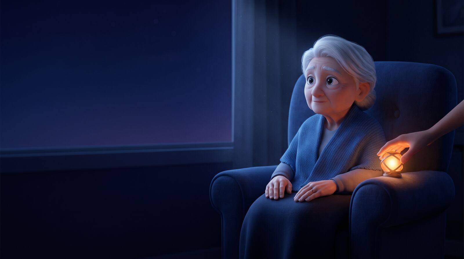 Une femme âgée dans un fauteuil, une main y dépose une lumière